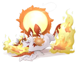 Size: 2701x2220 | Tagged: safe, artist:midnightpremiere, derpibooru import, daybreaker, alicorn, pony, g4, behaving like a cat, cute, diabreaker, fangs, female, fire, image, lying down, mane of fire, mare, on back, png, simple background, smiling, solo, sun, tangible heavenly object, transparent background