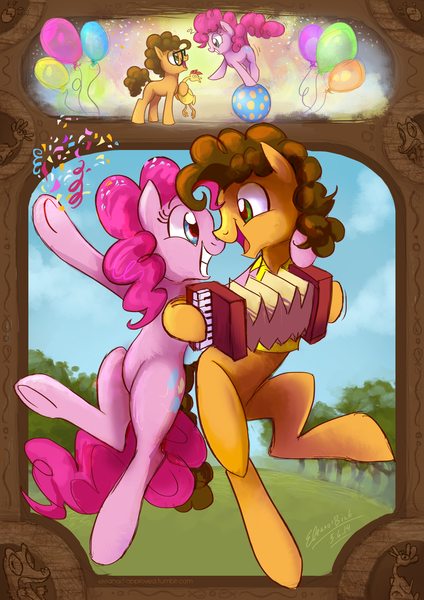 Size: 2059x2912 | Tagged: safe, artist:elbdot, derpibooru import, boneless, cheese sandwich, gummy, pinkie pie, earth pony, pony, g4, pinkie pride, accordion, balloon, cheesepie, colt, confetti, cute, dancing, diacheeses, diapinkes, female, filly, filly pinkie pie, foal, glasses, grin, image, looking at each other, looking at someone, male, mare, musical instrument, my little pony, open mouth, png, raised hoof, rubber chicken, shipping, signature, smiling, stallion, straight, tree, underhoof, younger