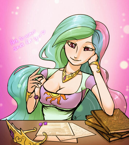 Size: 2305x2602 | Tagged: suggestive, artist:eshianfulika, derpibooru import, princess celestia, human, g4, book, breasts, busty princess celestia, cleavage, clothes, dice, dungeon master, dungeons and dragons, female, humanized, image, jpeg, pen and paper rpg, rpg, solo, solo female