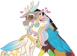 Size: 2855x2100 | Tagged: safe, artist:stepandy, derpibooru import, discord, princess celestia, alicorn, draconequus, pony, g4, colored sketch, crown, dislestia, duo, female, hug, image, jewelry, male, mare, necklace, png, regalia, shipping, simple background, sketch, straight, transparent background