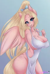 Size: 1065x1563 | Tagged: suggestive, artist:bunnywhiskerz, derpibooru import, oc, oc:mio, unofficial characters only, anthro, pegasus, pony, anthro oc, apron, big breasts, blue background, bow, breasts, clothes, erect nipples, female, freckles, hair bow, huge breasts, image, looking at you, mare, naked apron, nipple outline, open mouth, partial nudity, png, ponytail, simple background, smiling, solo, solo female, spread wings, wings