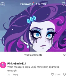 Size: 1080x1270 | Tagged: safe, artist:libbly_libby, derpibooru import, pinkie pie, rarity, equestria girls, g4, alternate hairstyle, crying, ear piercing, earring, eyeshadow, female, image, jewelry, jpeg, lipstick, makeup, mascara, meme, messy hair, piercing, ponified meme, running makeup, solo, tiktok