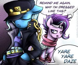 Size: 2685x2233 | Tagged: safe, artist:jadekettu, derpibooru import, starlight glimmer, trixie, pony, unicorn, g4, anime, bipedal, clothes, costume, crossover, female, horn, image, jojo's bizarre adventure, jotaro kujo, mare, png, star platinum, yare yare daze