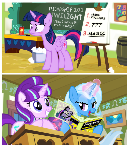 Size: 1200x1361 | Tagged: suggestive, artist:pixelkitties, derpibooru import, edit, starlight glimmer, trixie, twilight sparkle, twilight sparkle (alicorn), alicorn, pony, unicorn, g4, no second prances, 2 panel comic, bedroom eyes, centerfold, chaurus, classroom, clothes, comic, counterparts, female, fishnet clothing, fishnets, for dummies, forever alone, frown, garter belt, glare, grin, horn, image, janet jackson, levitation, magic, mare, meme, my little pony, open mouth, png, porn, smiling, socks, squee, stockings, telekinesis, thigh highs, twilight's counterparts