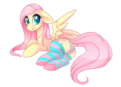 Size: 2878x2084 | Tagged: suggestive, artist:scarlet-spectrum, derpibooru import, fluttershy, pegasus, pony, g4, butt, clothes, cute, daaaaaaaaaaaw, dock, female, floppy ears, hnnng, image, looking at you, looking sideways, lying down, mare, messy mane, one wing out, panties, pink underwear, plot, png, polka dot underwear, prone, shyabetes, simple background, smiling, socks, solo, solo female, stockings, striped socks, tail, thigh highs, three quarter view, transparent background, underwear, wings