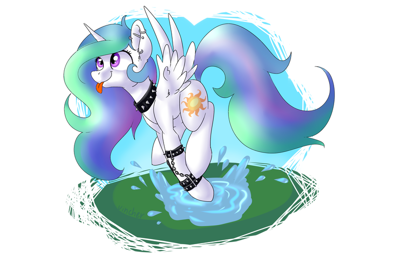 Size: 3000x2000 | Tagged: safe, artist:vincher, derpibooru import, princess celestia, alicorn, pony, g4, arm band, collar, cute, cutelestia, derp, ear piercing, female, image, piercing, png, puddle, punk, sillestia, silly, silly pony, simple background, solo, splashing, spread wings, wings, wristband