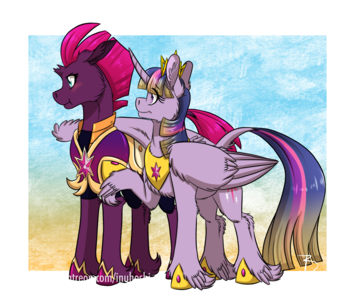 Size: 2000x1702 | Tagged: safe, artist:inuhoshi-to-darkpen, derpibooru import, fizzlepop berrytwist, tempest shadow, twilight sparkle, twilight sparkle (alicorn), alicorn, classical unicorn, pony, unicorn, g4, alternate universe, armor, captain, cloven hooves, comforting, duo, dusk guard, feathered fetlocks, female, friendship, gradient background, gradient mane, gradient tail, hoof shoes, horn, image, large wings, leonine tail, mare, patreon, patreon logo, png, royal guard, signature, simple background, tail, tempest becomes a royal guard, transparent background, twilight's royal guard, unshorn fetlocks, wings