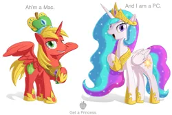 Size: 1500x1000 | Tagged: safe, artist:berrypawnch, derpibooru import, big macintosh, princess celestia, alicorn, earth pony, pony, g4, alicornified, apple (company), bigmacicorn, crown, female, hoof shoes, image, jewelry, looking at you, mac ad parody, male, mare, parody, peytral, png, princess big mac, princess shoes, pun, race swap, raised hoof, regalia, spread wings, stallion, wings