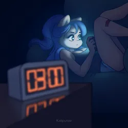 Size: 1654x1654 | Tagged: safe, artist:katputze, derpibooru import, oc, unofficial characters only, anthro, earth pony, bandage, bed, clock, female, image, jpeg, laying on bed, legs in air, lying down, night, on bed, reflection, solo