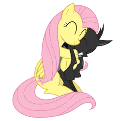 Size: 2449x2449 | Tagged: safe, artist:xyotic, derpibooru import, fluttershy, changeling, pegasus, pony, g4, ^^, cuddling, cute, cuteling, duo, eyes closed, female, hug, image, mare, png, shyabetes, simple background, smiling, snuggling, spooning, transparent background, vector