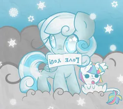 Size: 1200x1065 | Tagged: safe, artist:starlightlore, derpibooru import, oc, oc:lorelei, oc:snowdrop, unofficial characters only, pony, blind joke, cloud, cloudy, cute, female, filly, foal, image, jpeg, mouth hold, ocbetes, sign, snow, snowbetes, snowfall, solo