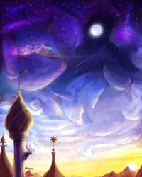 Size: 2190x2737 | Tagged: safe, artist:jadedjynx, derpibooru import, nightmare moon, princess celestia, princess luna, alicorn, pony, g4, canterlot, cloud, female, filly, filly luna, foal, image, lunar trinity, mare in the moon, moon, mountain, png, s1 luna, scenery, shooting star, sky, stars, sun, sunrise, woona, younger