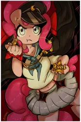 Size: 2000x3000 | Tagged: safe, artist:velexane, derpibooru import, pinkie pie, anthro, earth pony, g4, ambiguous facial structure, belly, belly button, clothes, female, hat, image, kill la kill, mako, mako mankanshoku, midriff, parody, png, skirt, solo