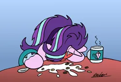 Size: 1308x882 | Tagged: safe, artist:bobthedalek, derpibooru import, starlight glimmer, pony, unicorn, g4, atg 2022, bathrobe, bed mane, bowl, cereal, cheerios, clothes, faceplant, female, food, horn, image, kite, mare, messy mane, milk, morning ponies, mug, newbie artist training grounds, pajamas, png, robe, solo, that pony sure does love kites, tired