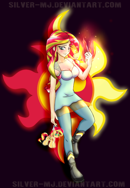 Size: 1250x1797 | Tagged: safe, artist:silver-wingx, derpibooru import, sunset shimmer, human, equestria girls, g4, backwards cutie mark, breasts, busty sunset shimmer, cleavage, cutie mark, female, humanized, image, magic, plushie, png, solo