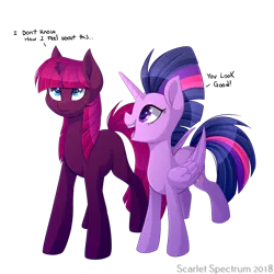 Size: 1575x1575 | Tagged: safe, artist:scarlet-spectrum, derpibooru import, tempest shadow, twilight sparkle, twilight sparkle (alicorn), alicorn, pony, unicorn, g4, my little pony: the movie, :t, alternate hairstyle, broken horn, colored pupils, cute, duo, eye scar, facial scar, female, hairstyle swap, horn, image, looking up, mane swap, mare, mohawk, open mouth, png, scar, simple background, smiling, tempestbetes, transparent background, twiabetes