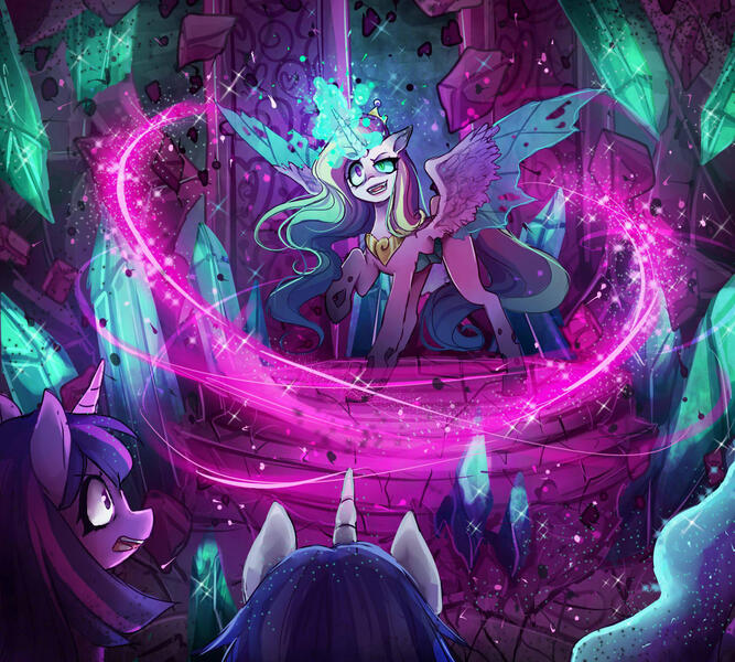 Size: 1500x1350 | Tagged: safe, artist:liliumena, derpibooru import, princess cadance, queen chrysalis, shining armor, twilight sparkle, alicorn, changeling, changeling queen, pony, unicorn, g4, crystal, female, fusion, glow, glowing horn, horn, image, jpeg, laughing, magic, open mouth, raised hoof, smiling, sparkles, spread wings, wide eyes, wings