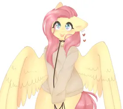 Size: 2000x1775 | Tagged: suggestive, artist:misocosmis, derpibooru import, fluttershy, pegasus, semi-anthro, g4, bell, bell collar, bottomless, cat bell, clothes, collar, ear fluff, female, flutterpet, heart, image, leash, nudity, partial nudity, pet play, png, simple background, smiling, solo, solo female, sweater, sweatershy, tongue out, white background