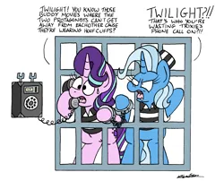 Size: 2112x1708 | Tagged: safe, artist:bobthedalek, derpibooru import, starlight glimmer, trixie, pony, unicorn, g4, road to friendship, angry, atg 2022, clothes, cuffs, female, hat, horn, image, implied twilight sparkle, inconvenient trixie, jail, mare, my little pony, newbie artist training grounds, png, prison outfit, prisoner sg, prisoner tx, shirt