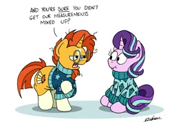 Size: 2342x1690 | Tagged: safe, artist:bobthedalek, derpibooru import, starlight glimmer, sunburst, pony, unicorn, g4, :i, backwards cutie mark, blaze (coat marking), clothes, coat markings, facial markings, female, horn, image, looking at each other, looking at someone, male, mare, open mouth, png, scrunchy face, sitting, socks (coat marking), stallion, sunburst is not amused, sweater, unamused