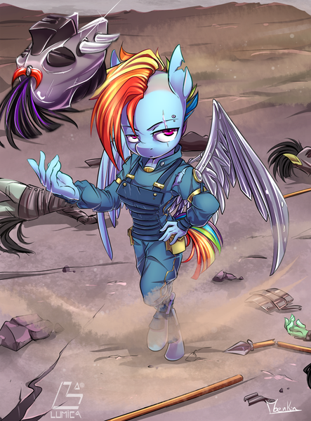 Size: 1100x1491 | Tagged: safe, artist:moenkin, derpibooru import, rainbow dash, anthro, pegasus, unguligrade anthro, g4, alternate timeline, apocalypse dash, badass, battlefield, crystal war timeline, dead, decapitated, female, hand on hip, helmet, image, implied murder, looking at you, png, scar, severed head, solo, spear, torn ear, war, weapon