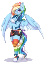 Size: 2032x2951 | Tagged: suggestive, artist:pvrii, artist:silent-shadow-wolf, derpibooru import, rainbow dash, anthro, pegasus, plantigrade anthro, g4, breasts, busty rainbow dash, cleavage, clothes, converse, ear piercing, eyebrows, female, image, midriff, piercing, png, rainbow socks, raised eyebrow, redraw, shoes, shorts, simple background, sneakers, socks, solo, solo female, striped socks, thigh highs, transparent background, watermark