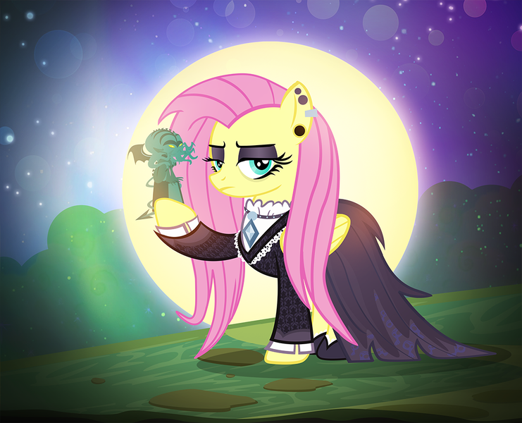 Size: 1100x891 | Tagged: safe, artist:pixelkitties, derpibooru import, fluttershy, pegasus, pony, fake it 'til you make it, g4, andrea libman, black eyeshadow, body horror, clothes, cthulhu, deity lord, dress, duo, ear piercing, earring, eldritch abomination, eyeshadow, female, fluttergoth, full moon, goth, image, jewelry, lovecraftian deity, makeup, mare, moon, my little pony, night, no pupils, outdoors, piercing, pink mane, png, solo, teal eyes, wings, yellow eyes, yellow fur