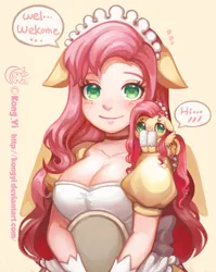 Size: 2185x2745 | Tagged: safe, artist:kongyi, derpibooru import, fluttershy, human, pegasus, pony, g4, blushing, breasts, cleavage, clothes, cute, eared humanization, female, floppy ears, fluttermaid, human ponidox, humanized, image, jpeg, maid, self paradox, self ponidox, shyabetes, tiny, tiny ponies, tray, winged humanization, wings