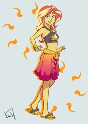 Size: 2059x2912 | Tagged: safe, artist:jurill, derpibooru import, sunset shimmer, human, equestria girls, equestria girls series, forgotten friendship, g4, belly, belly button, clothes, equestria girls specials, feet, female, flip-flops, image, jpeg, midriff, my little pony equestria girls: better together, my little pony equestria girls: forgotten friendship, sandals, sarong, solo, sunshine shimmer, swimsuit