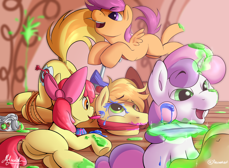 Size: 1500x1100 | Tagged: safe, artist:mricantdraw, derpibooru import, apple bloom, braeburn, scootaloo, sweetie belle, earth pony, pegasus, pony, unicorn, g4, ass up, babysitting, blank flank, bloom butt, bondage, bow, braebutt, butt, cloth gag, cutie mark crusaders, dock, equestria's worst babysitter, face down ass up, featureless crotch, flying, gag, glow, glowing horn, hair bow, horn, image, levitation, magic, magic aura, makeover, male, messy, paint, paintbrush, painting, plot, png, quill, rope, scooter, smiling, stallion, tail, telekinesis, tied up