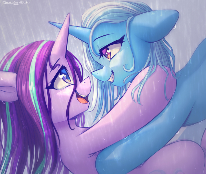 Size: 1108x935 | Tagged: safe, artist:chaosangeldesu, derpibooru import, starlight glimmer, trixie, pony, unicorn, g4, cute, duo, duo female, female, horn, hug, image, jpeg, mare, rain, smiling, wet, wet mane