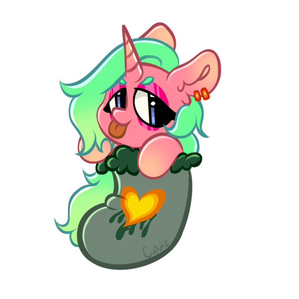 Size: 2048x2048 | Tagged: safe, artist:cupute, derpibooru import, oc, unofficial characters only, pony, unicorn, :p, big ears, cheap, chibi, christmas, christmas stocking, commission, ear fluff, ear piercing, earring, eyebrows, eyeshadow, gradient body, gradient hooves, gradient horn, gradient mane, green mane, heart, holiday, horn, image, jewelry, long hair, looking at you, makeup, piercing, pink body, png, simple background, solo, solo focus, tongue out, transparent background, unicorn oc, ych result, your character here