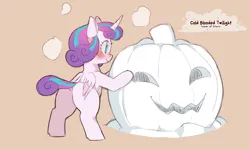 Size: 1200x720 | Tagged: safe, artist:cold-blooded-twilight, derpibooru import, princess flurry heart, alicorn, pony, g4, blushing, dock, female, filly, foal, image, panting, png, pumpkin, raised tail, smiling, snow, spread legs, spreading, tail