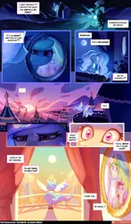 Size: 2900x4945 | Tagged: safe, artist:lummh, artist:miitara, derpibooru import, princess cadance, princess celestia, alicorn, pony, comic:the princess of love, g4, balcony, canterlot castle, comic, day, female, image, looking at you, mare, mare in the moon, moon, night, picture, png, speech bubble, spread wings, sunrise, teen princess cadance, train, wings, younger