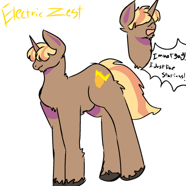 Size: 1280x1280 | Tagged: safe, derpibooru import, oc, oc:electric zest, pony, unicorn, brown coat, cloven hooves, cutie mark, food, horn, image, lemon, lightning, male, mane in face, png, purple shades, short tail, stallion, tail, text