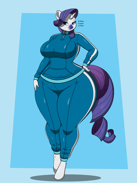 Size: 3072x4096 | Tagged: suggestive, artist:thaliaglacyswells, derpibooru import, rarity, anthro, unguligrade anthro, unicorn, g4, :t, bedroom eyes, big breasts, blue background, bluebarity, blueberry inflation, breasts, bubblegum, busty rarity, charlie and the chocolate factory, chewing, commission, eating, female, food, gum, hand on hip, high res, horn, image, juice, looking at you, onomatopoeia, passepartout, png, rarithighs, sequence, simple background, smiling, solo, solo female, thighs, thunder thighs, tracksuit, violet beauregarde, wide hips