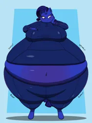 Size: 3072x4096 | Tagged: suggestive, artist:thaliaglacyswells, derpibooru import, rarity, anthro, unguligrade anthro, unicorn, g4, :i, belly, belly button, belly expansion, big belly, big breasts, blue background, bluebarity, blueberry inflation, breast expansion, breasts, busty rarity, charlie and the chocolate factory, commission, female, growth, hand on cheek, hand on chest, high res, horn, huge belly, huge breasts, image, impossibly large belly, inflation, juice, looking at self, midriff, onomatopoeia, passepartout, png, puffy cheeks, rarithighs, sequence, simple background, solo, solo female, spherical inflation, thigh expansion, thighs, thunder thighs, tracksuit, violet beauregarde