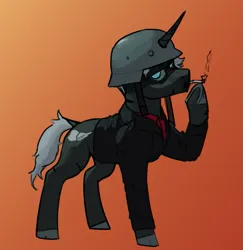 Size: 809x833 | Tagged: safe, artist:neither, derpibooru import, oc, oc:crimson(red), pony, unicorn, biker jacket, cigarette, clothes, helmet, horn, image, jacket, looking at you, png, scar, smoking, unicorn oc