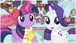 Size: 8000x4500 | Tagged: safe, artist:twilirity, derpibooru import, rarity, twilight sparkle, twilight sparkle (alicorn), alicorn, pony, unicorn, g4, absurd resolution, building, burger, christmas, christmas wreath, clothes, door, earmuffs, female, folded wings, food, hay burger, holiday, horn, image, lamp, looking at you, magic, mare, outdoors, png, raised hoof, scarf, smiling, smiling at you, snow, statue, vector, wings, wreath