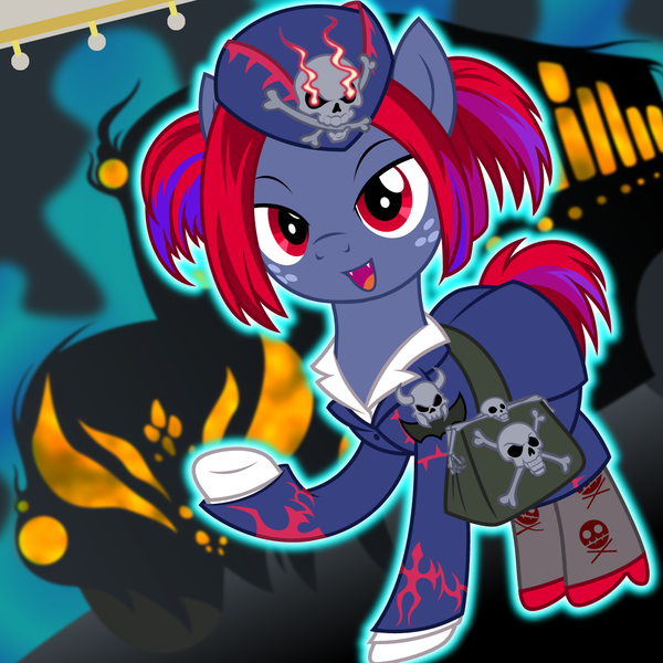 Size: 1228x1228 | Tagged: safe, artist:badumsquish, derpibooru import, star tracker, earth pony, g4, alternate hair color, alternate hairstyle, alternate tailstyle, bag, bone, bus, business suit, card, card game, ccg, clothes, cosplay, costume, crossdressing, derpibooru exclusive, dutch angle, effect monster card, fangs, gloves, hat, high heels, image, male, monster card, open mouth, open smile, pigtails, png, pose, pun, purse, saddle bag, shoes, show accurate, skirt, skull, smiling, socks, solo, starcrossed, tail, tour guide from the underworld, trading card, trap, trap card, trap monster, visual pun, yu-gi-oh!, yugioh card