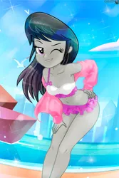 Size: 700x1045 | Tagged: suggestive, artist:charliexe, derpibooru import, octavia melody, bird, seagull, equestria girls, g4, beach, belly, belly button, breasts, clothes, grin, image, jpeg, midriff, ocean, one eye closed, rock, shirt, smiling, solo, swimsuit, water, wink