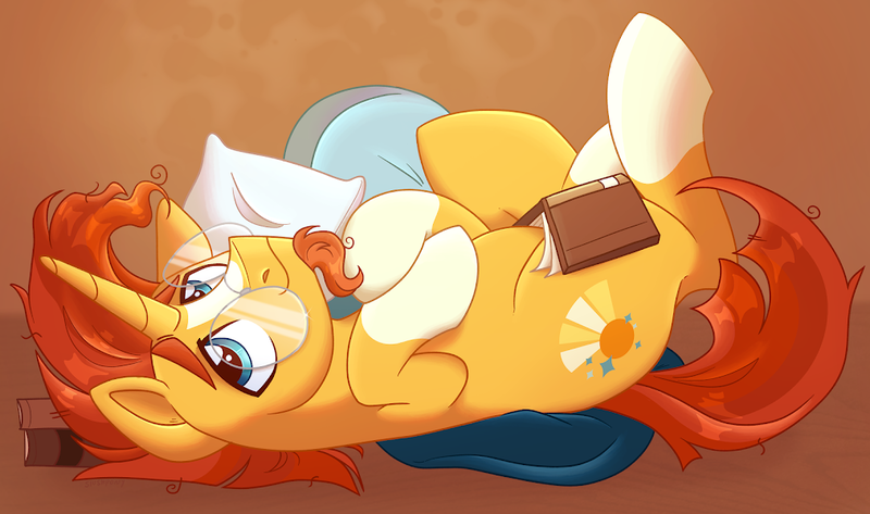 Size: 1013x599 | Tagged: safe, artist:slushpony, derpibooru import, sunburst, pony, unicorn, g4, bed, belly, blanket, book, coat markings, comfy, eyebrows, glasses, horn, image, laying on bed, lidded eyes, lying down, male, night, on bed, pillow, png, raised hoof, shading, shy, simple background, smiling, socks (coat marking), solo, stallion, tired