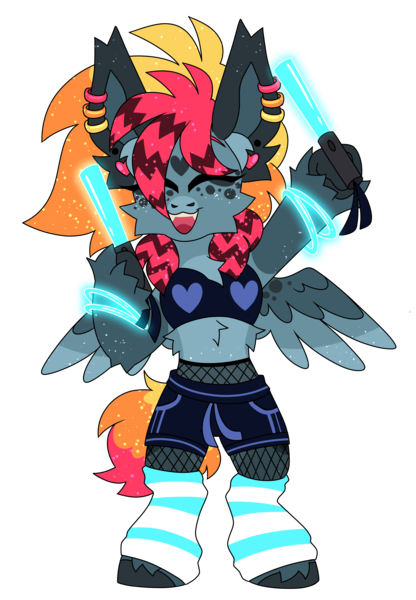 Size: 4109x5933 | Tagged: safe, artist:crazysketch101, derpibooru import, oc, oc:crazy looncrest, pegasus, pony, belly fluff, bipedal, bracelet, clothes, ear piercing, earring, fishnet clothing, fishnets, glowstick, image, jewelry, midriff, piercing, png, raver, sharp teeth, shorts, socks, standing, standing on two hooves, stockings, teeth, thigh highs, unshorn fetlocks