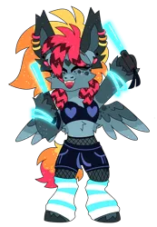 Size: 4109x5933 | Tagged: safe, artist:crazysketch101, derpibooru import, oc, oc:crazy looncrest, pegasus, pony, belly fluff, bipedal, bracelet, clothes, ear piercing, earring, fishnet clothing, fishnets, glowstick, image, jewelry, midriff, piercing, png, raver, sharp teeth, shorts, socks, standing, standing on two hooves, stockings, teeth, thigh highs, unshorn fetlocks