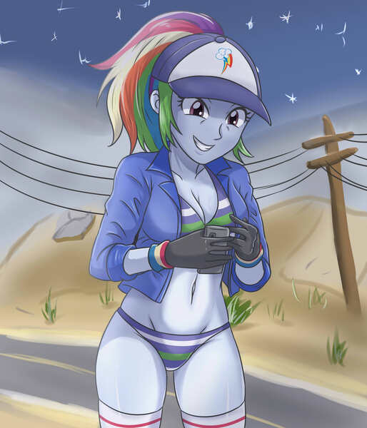 Size: 3000x3500 | Tagged: suggestive, artist:sumin6301, derpibooru import, rainbow dash, human, equestria girls, g4, alternate hairstyle, baseball cap, bra, breasts, busty rainbow dash, cap, cleavage, clothes, cutie mark, cutie mark on clothes, desert, female, gloves, grin, hat, high res, image, jacket, jpeg, mobile phone, night, outdoors, panties, phone, ponytail, smartphone, smiling, socks, solo, solo female, stars, striped underwear, telephone pole, thigh highs, underwear