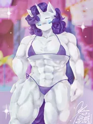 Size: 1152x1536 | Tagged: suggestive, artist:mishede-che, derpibooru import, rarity, anthro, unicorn, g4, bikini, carousel boutique, clothes, female, horn, image, muscles, muscular female, png, pose, purple swimsuit, ripped rarity, signature, solo, solo female, sparkles, swimsuit