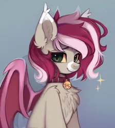 Size: 1086x1214 | Tagged: oc name needed, safe, artist:lerk, artist:lerkfruitbat, derpibooru import, oc, unofficial characters only, bat pony, pony, bat pony oc, bat wings, bell, bell collar, chest fluff, collar, ear fluff, ear tufts, fangs, female, image, looking at you, mare, not roseluck, partially open wings, png, slit pupils, smiling, smiling at you, solo, wings