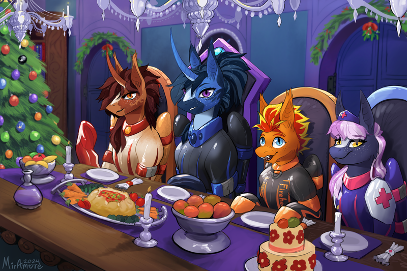 Size: 3600x2400 | Tagged: safe, artist:miramore, derpibooru import, oc, oc:fireheart(fire), oc:nurse lavender blossom, oc:queen lunaris, oc:queen tiara, unofficial characters only, alicorn, bat pony, pony, alicorn oc, alternate universe, bat pony oc, bat wings, card, christmas, christmas card, christmas tree, clothes, fireheart76's latex suit design, gloves, hearth's warming eve, holiday, horn, image, latex, latex boots, latex gloves, latex suit, png, prisoners of the moon, rubber, rubber suit, tree, wings