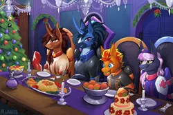 Size: 3600x2400 | Tagged: safe, artist:miramore, derpibooru import, oc, oc:fireheart(fire), oc:nurse lavender blossom, oc:queen lunaris, oc:queen tiara, unofficial characters only, alicorn, bat pony, pony, alicorn oc, alternate universe, bat pony oc, bat wings, card, christmas, christmas card, christmas tree, clothes, fireheart76's latex suit design, gloves, hearth's warming eve, holiday, horn, image, latex, latex boots, latex gloves, latex suit, png, prisoners of the moon, rubber, rubber suit, tree, wings