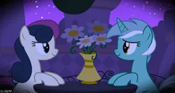 Size: 2022x1074 | Tagged: safe, artist:stephen-fisher, derpibooru import, bon bon, lyra heartstrings, sweetie drops, earth pony, unicorn, g4, female, flower, flower vase, horn, image, lesbian, looking at each other, looking at someone, lyrabon, night, png, romantic, shipping, vase